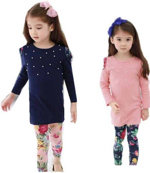 

new fashion girls clothes baby girl clothing set children flower suit 2pcs kids twinset t shirt +plaid pants leggings fall suit, White