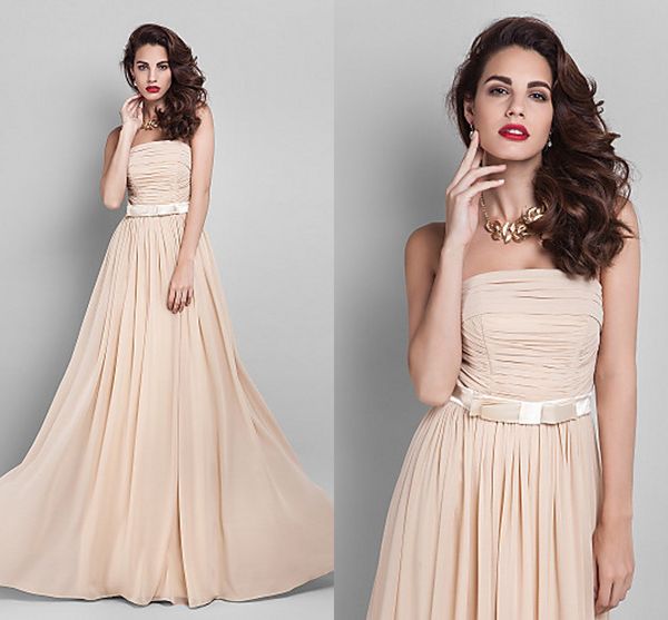 

2016 new custom fabulous ping champagne a-line strapless draping bow sash floor-length chiffon bridesmaid dress 106, White;pink