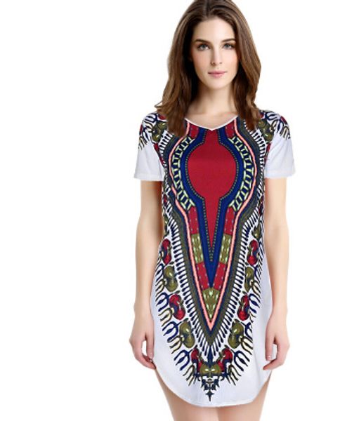 Toptan-Jimshop Yeni 2020 Kadınlar Yaz Elbise Geleneksel Afrika Baskı Dashiki Parti Elbiseler Kısa Kollu T Gömlek Elbise Artı Boyutu Tops