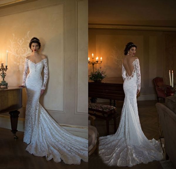 

горячая распродажа зима с длинным рукавом свадебные платья спинки с плеч жемчуг кружева русалка винтажный дизайн свадебное платье на заказ w, White