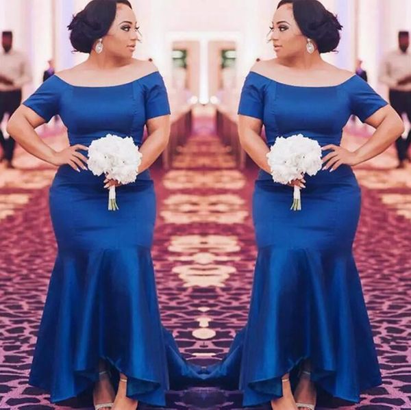 Vestido de dama de honra azul royal plus size longo 2018 cetim manga curta vestido de dama de honra alto baixo vestido de festa de convidados de casamento EN112214