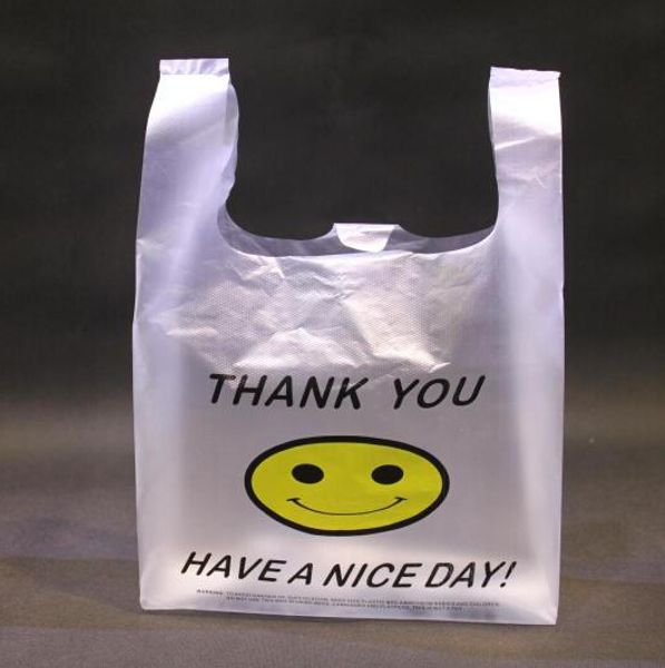 

wholesale- 100pcs 4 size hdpe supermarket yellow lovely smile white vest plastic carrier shopping hand bag packaging bags hot
