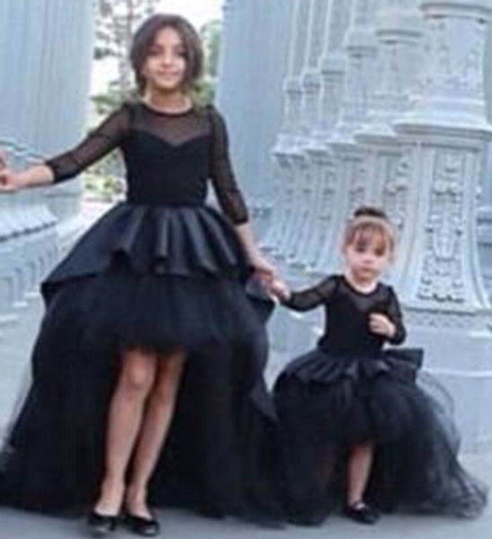 

custom made black a line girl' pageant dresses jewel neck hi-lo puffy skirt flower girls' formal dresses with long sleeves short, White;red