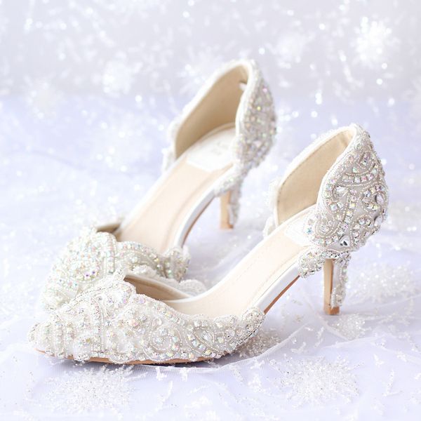 Brilhando Cristal Frisado Sapatos De Noiva Appliqued Cor Pura Apontou Toe Acessório Do Casamento Andando Confortável Vários Sapato De Salto De Baile