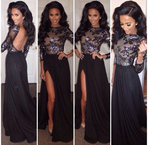

2016 open back long sleeve black prom dresses high thigh slit a-line party celebrity dress illusion lace appliques evening gowns beaded