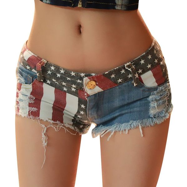 Moda verão feminino sexy rasgado buraco bandeira americana denim clube calças quentes shorts cintura baixa nightout clubwear jeans