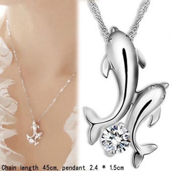 

10pcs/lot cute silver plated double dolphin rhinestone short chain pendant necklace women fashion jewelry 2017