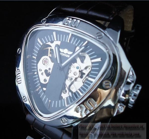 Heiße mechanische Uhren mit dreieckigem Stahlzifferblatt Winner Hardlex für Herren-Top-Marken-Luxus-Armbanduhren mit Lederband