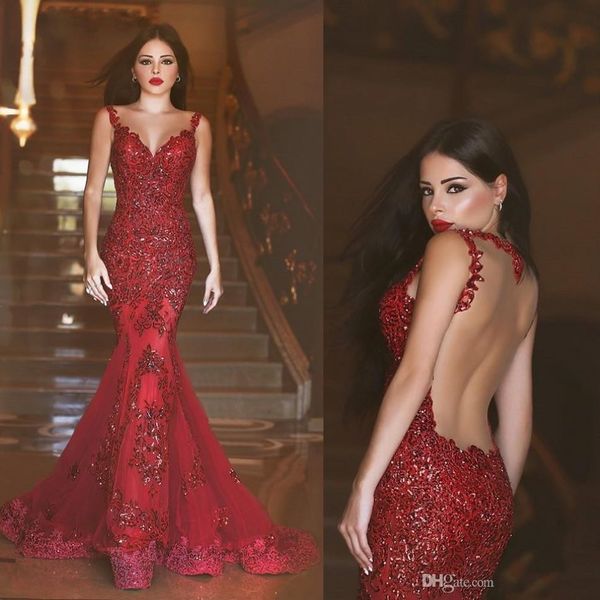 

2017 new arabic backless mermaid evening dresses 2017 charming long prom gowns sequins sweetheart lace applique formal evening gowns, Black;red