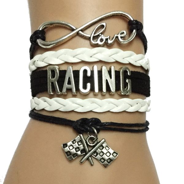 

wholesale-drop shipping infinity love racing bracelet fag charm- custom handmade leather wrap bracelet friendship gift, Black