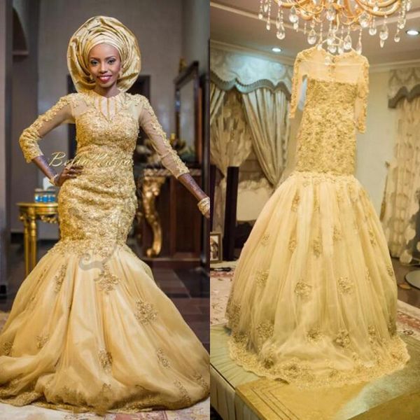 

gorgeous arabic african evening dresses sheer jewel neck gold prom dress mermaid beaded lace appliques tulle evening gown illusion sleeve, Black;red