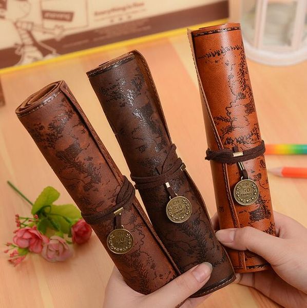Vintage Retro Treasure Map Pencil Cases Luxury Roll Leather PU Pen Bag Pouch For Stationery School Supplies Make Up Cosmetic Bag G1229