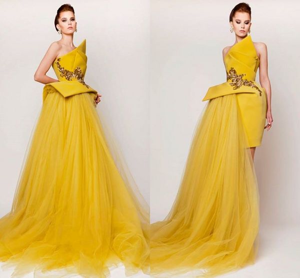 2017 nuovi abiti da sera Elie Saab senza maniche giallo abiti da ballo vintage due pezzi spettacolo backless speciale abito da sera formale corto in tulle