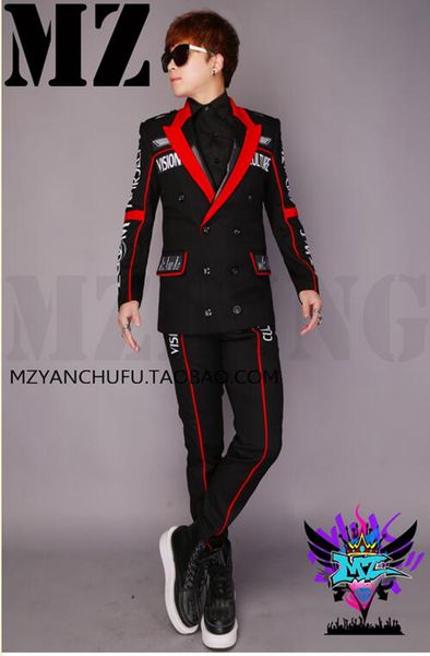 

male singer nightclub fashion runway looks red and black letter matching double-breasted grinding a mao suit costumes. s - 6 xl, Black;red