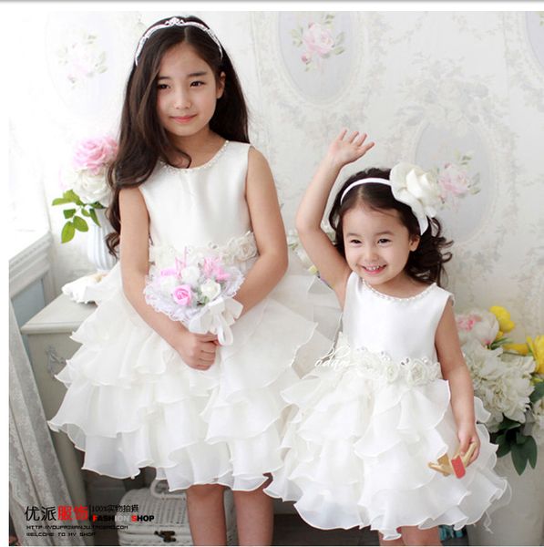 

Princess White Jewel Neck Flower Girl Dresses Ruffles A-Line Satin and Organza Cheap Girl Dress for Wedding Party Gowns With Flowers