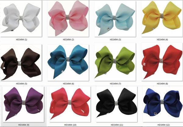 

100pcs girls 5" ribbon abc hair bows alligator clips with with rhinestone in the centre headwear bow hair elastic ties accessories hd34, Slivery;white