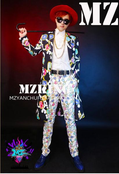 

male singer fashionable nightclub in the korean version runway looks colored gems long suit suit costumes. s - 6 xl, Black;red