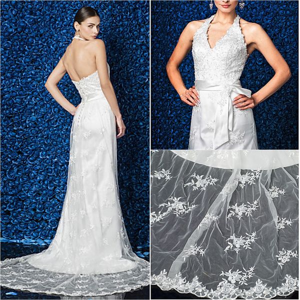 

2016 new fashion popular ivory court train halter sleeveless appliques lace sheath modern wedding dresses 186, White