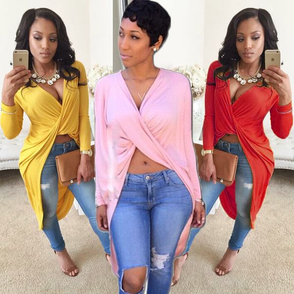 

wholesale-2020 winter deep v neck long sleeve front crossed party dresses asymmetrical bodycon cotton blend t shirt dress, Black;gray