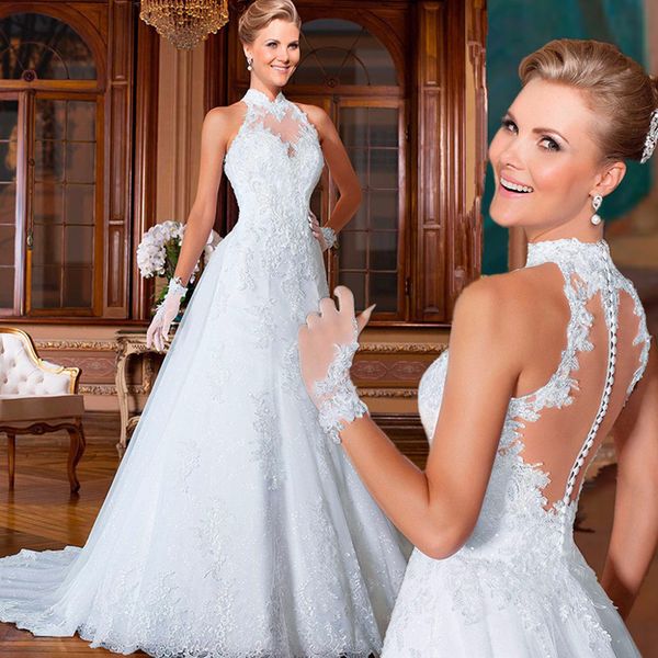 

romantic lace wedding dresses 2018 with appliques beaded see through back court train wedding bridal gowns, White