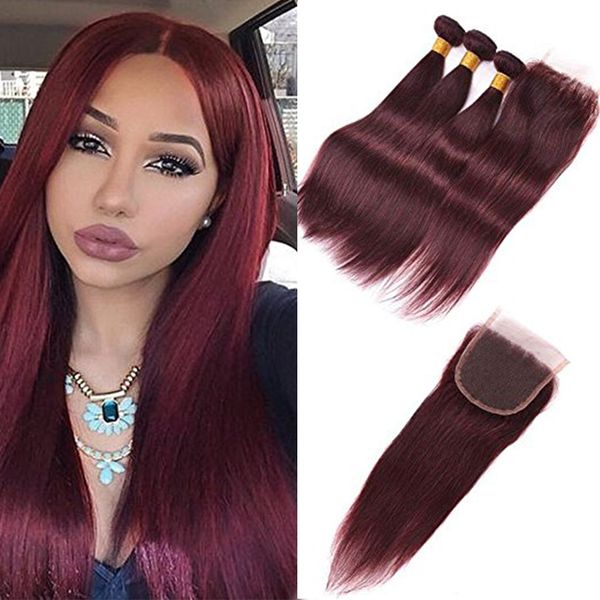 

wine red brazilian virgin hair with closure 99j burgundy brazilian straight human hair weave 3bundles with lace closure 4x4 lace t3913174, Black;brown