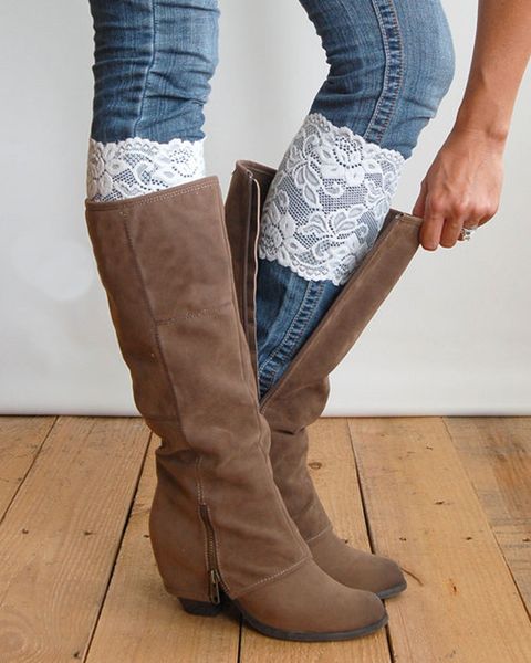 

new stretch lace boot cuffs 13 colors women flower leg warmers lace trim ers socks, Black;white