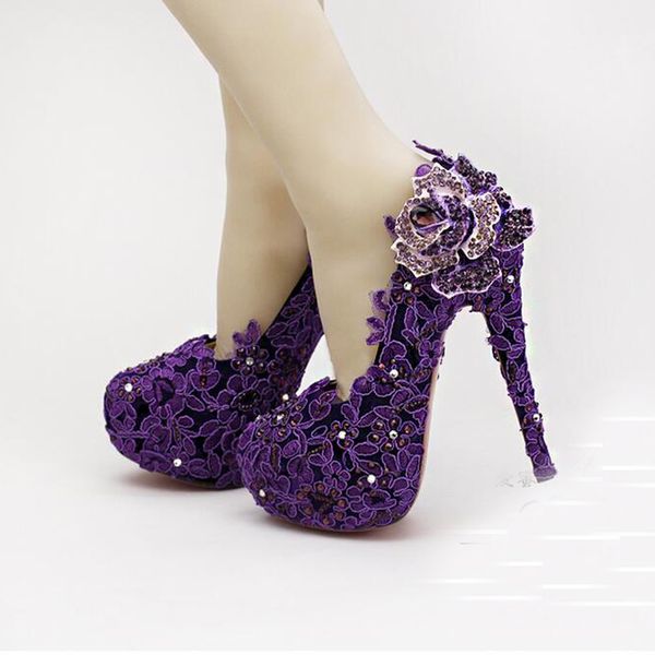 

Высокий Каблук Мода Fower Горный Хрусталь Свадебные Туфли Фиолетовый Кружева Сваде