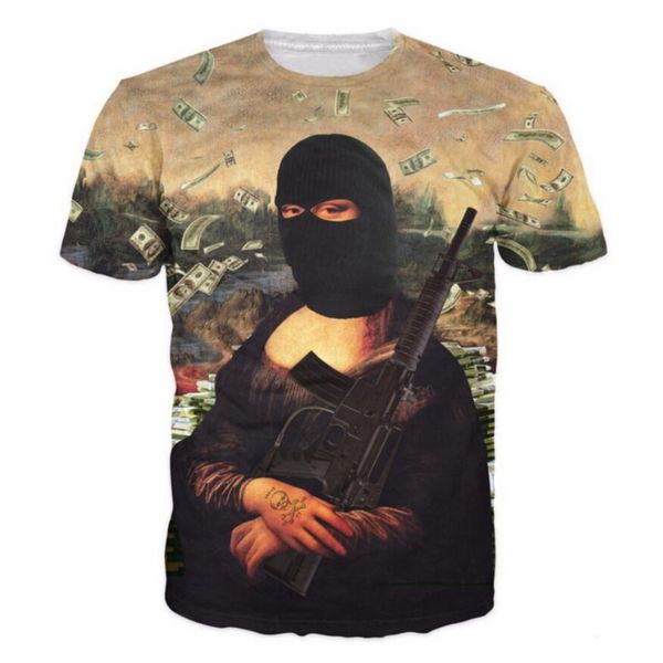 

wholesale-2016 new t-shirt men brand-clothing 3d t shirt mona lisa with gun summer fashion hip hop t shirts harajuku casual tees, White;black