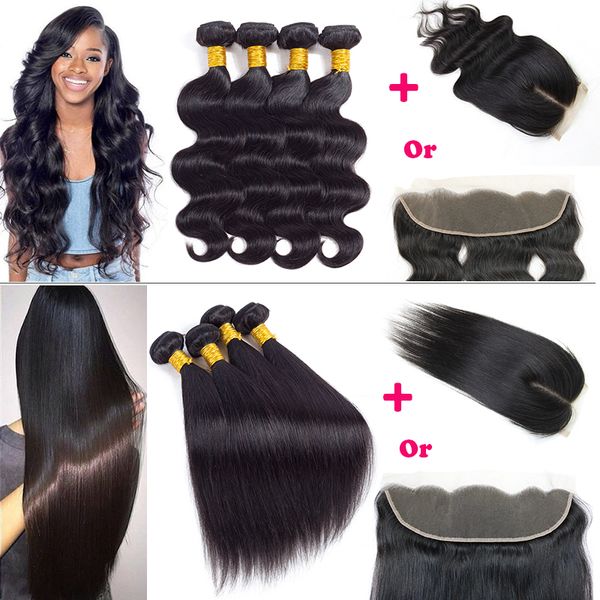 

body wave straight human hair 4 bundles with 4x4 closure wet and wavy brazilian virgin hair extensions with lace frontal human hair weaves, Black