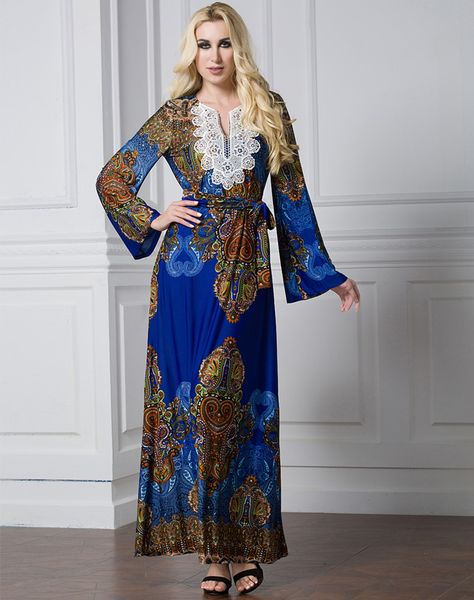 

new arrival women floral print maxi dress plus size long sleeved kaftan dress with belt s-xl, White;black