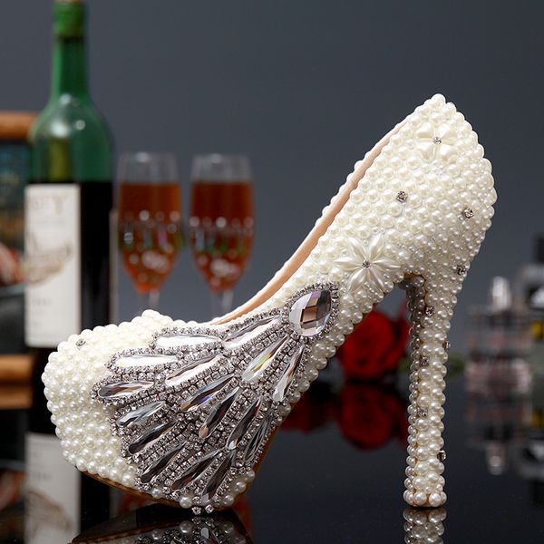 Lindo Completa pérolas Frisado De Alta-salto alto Da Dama de Honra Sapatos De Noiva De Cristal Da Senhora Do Diamante Sapato para Festa de Casamento Bola Evento de Baile de Finalistas Pageant