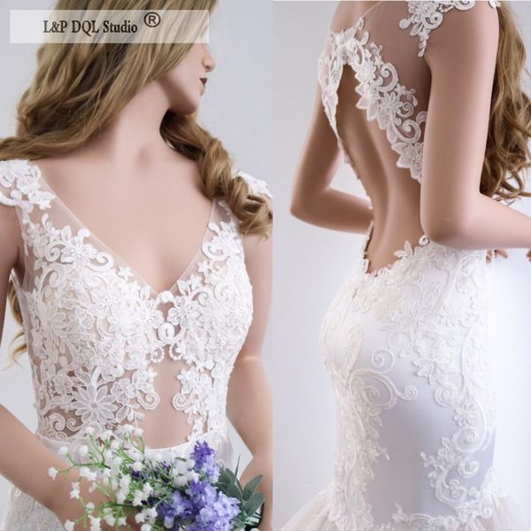 Unique sereia vestidos de casamento sexy ilusão sheer com apliques aberto back plisses tulle varredura trem vestidos nupciais plus tamanho marfim