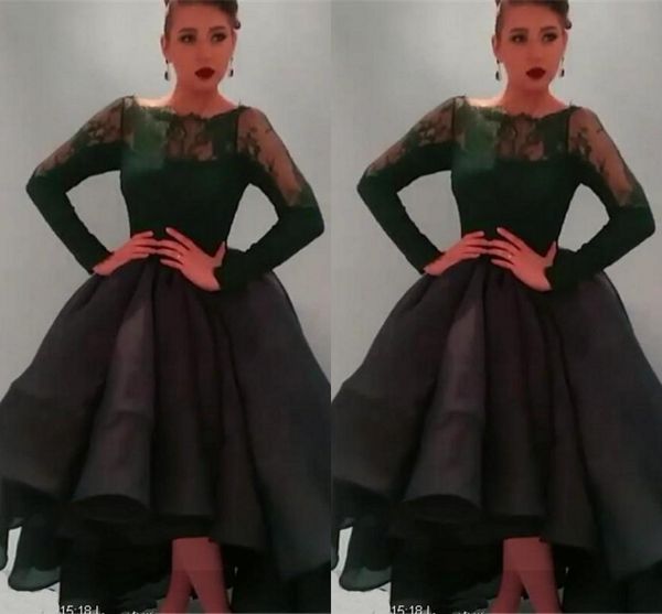 

2015 selling sheer neck long sleeve prom dresses tea-length ruched organza puffy ball gown prom dresses stylish lace evening dresses, Black