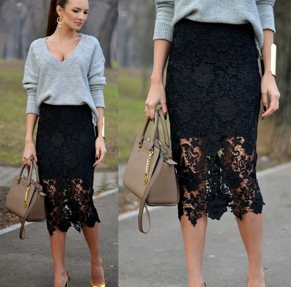 

black lace skirt knee length pencil midi skirts new arrival elegant cocktail party skirts for women
