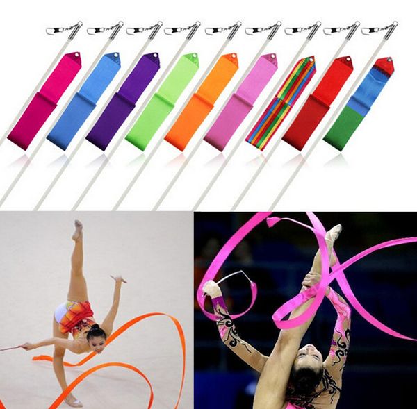 Vendita al dettaglio 4M Palestra Danza Nastro Colorato Arte Ritmica Balletto Ginnastica Streamer Twirling Rod Stick Nastri di danza Fitness Regalo 9 Colori