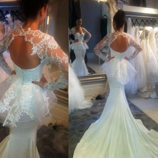 Sexy vestido de casamento sereia elegante com envoltório puro laço aplicado manga comprida bolero querido peplum vestidos nupciais cabidos com trem