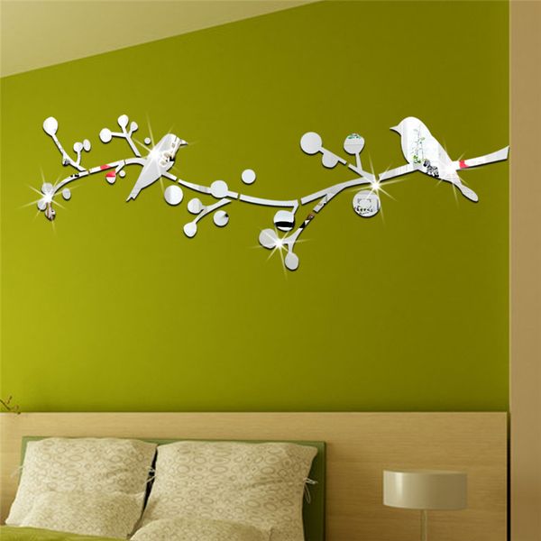 Adesivo da parete decorativo a specchio riflettente con doppio uccello per albero, decorazione per la casa, soggiorno, camera da letto, soggiorno, poster natalizio