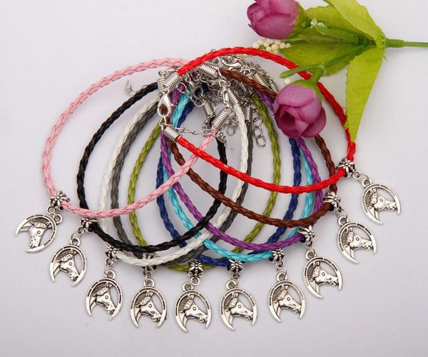 

горячая 50 шт. / лот древняя серебряная голова лошади шарм кулон многоцветный 20 + 5 см плетеный кожаный веревка браслет женщины ювелирные и, Golden;silver