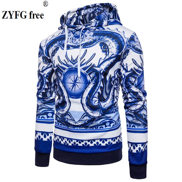 Großhandel - Winter 2017 Neue chinesische Art Herren Pullover Tops Hoodie Männer Baumwolle Mode Blau und Weiß Porzellan Druck Kleidung Größe S-XXL