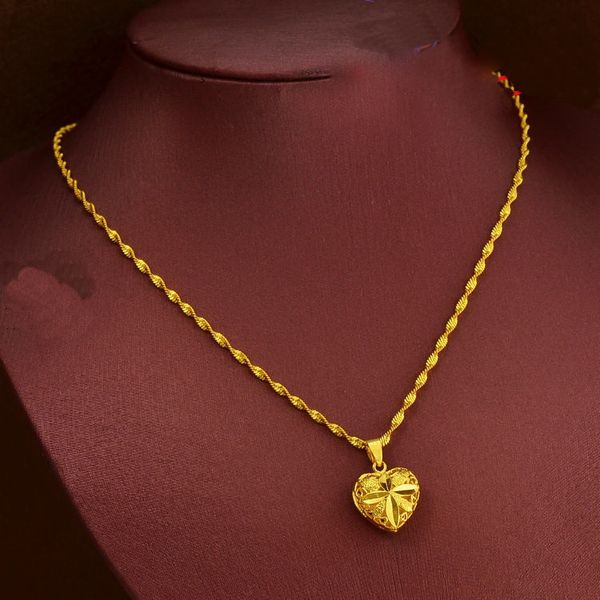 

желтый полые в форме сердца кулон ожерелье для женщин, 24K позолоченные волны цепи