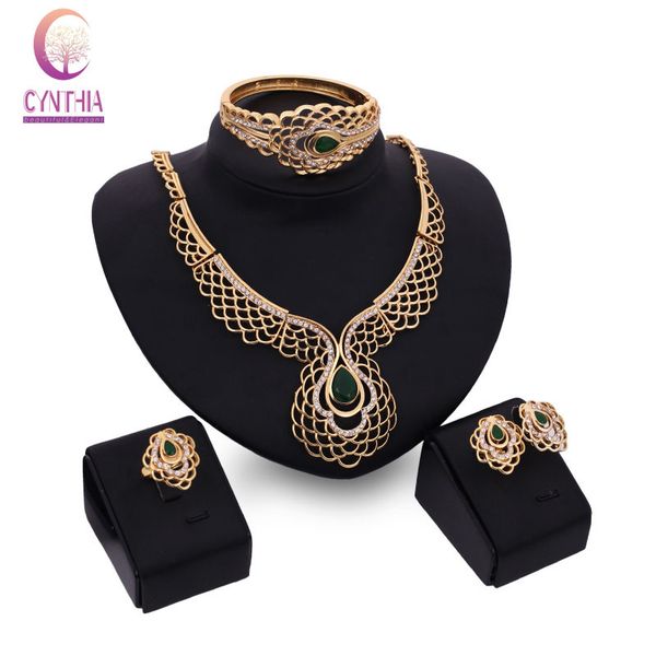 

african beads costume 18k gold plated emerald wedding bridal accessories crystal vintage costume dubai fashion necklace earrings bracelet ri, Black