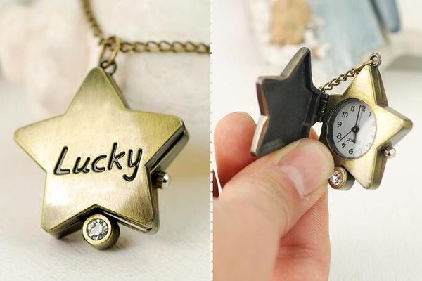 

wholesale 100pcs/lot cute vintage necklace pendant quartz pocket five star watch necklace lucky watches pw002, Slivery;golden