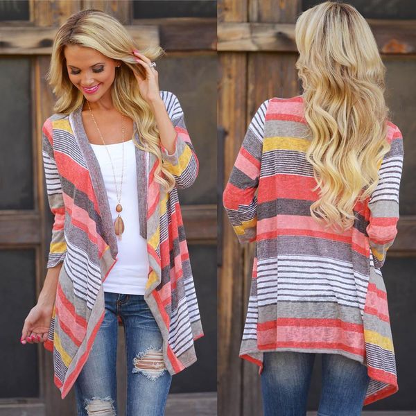 

Sannysis Spring Stylish Women Irregular Stripe Shawl Kimono Cardigan Tops Cover Up Blouse Gift For Girl for Women