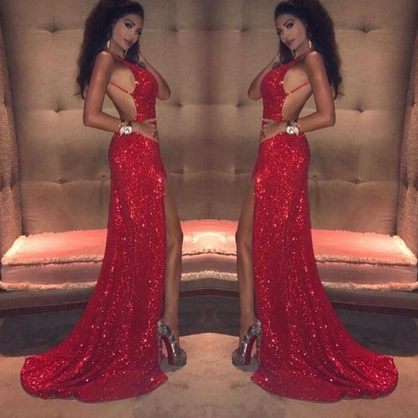 Scintillante Red Mermaid Prom Dresses profondo scollo a V aperta Backless Zipper partito paillettes abito sexy Side-Split sweep treno Abiti da sera formale