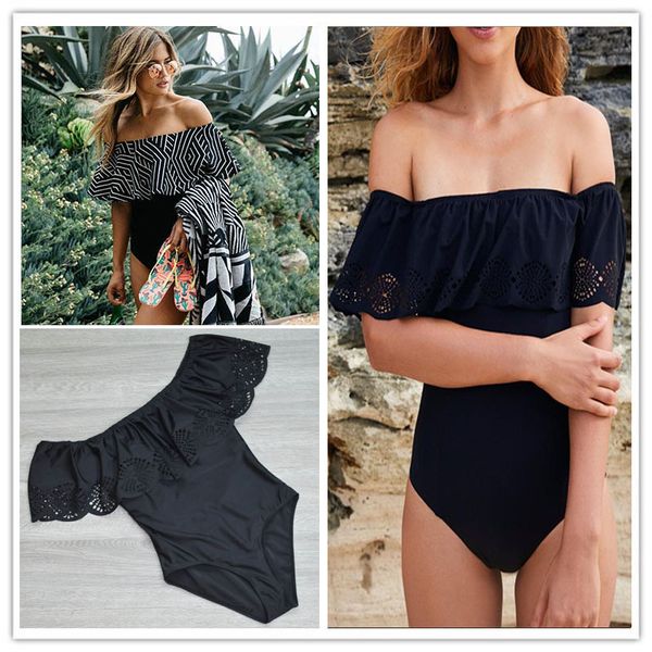 

wholesale- 2017 black lace flounce off shoulder swimsuit women bodysuit monokini swimwear ruffle one piece swimsuit bathing suit xl, White;black