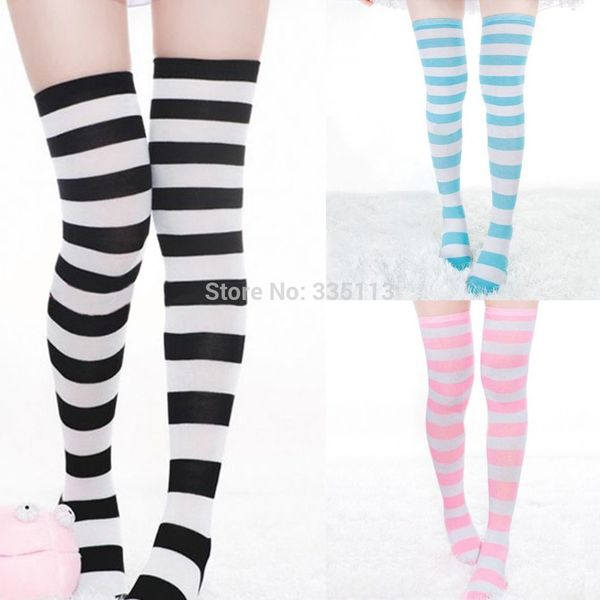 

1 pair new over the knee high long stocking striped 3 color 2014 winter warm stocking for ladies women, Black;white