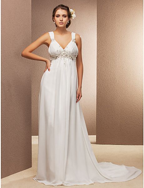 

2016 new fashion popular elegant ivory court train v-neck flowers chiffon sheath wedding dresses 263, White