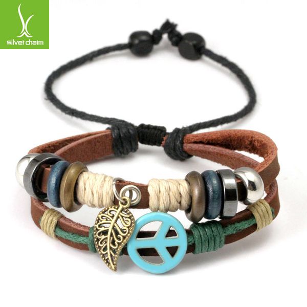 

2014 new arrival wrap brown cow leather alloy bracelet with braided leaf metal charms fashion woven bracelet pi0282, Silver