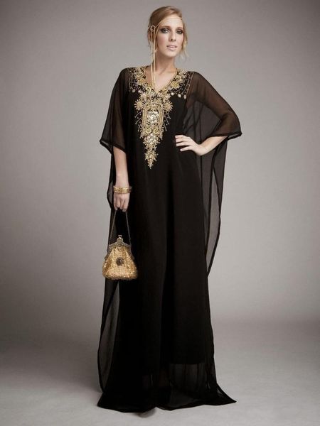 

new long arabic islamic clothing for women abaya in dubai kaftan muslim arabic evening dresses v neck chiffon beads party prom gowns, Black;red