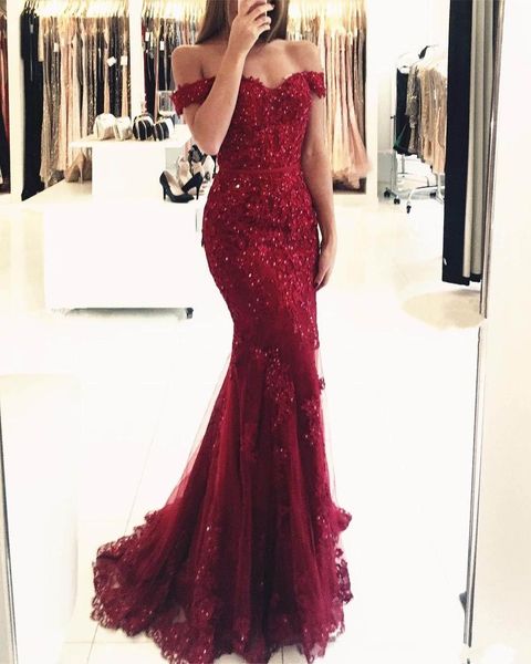 

2018 prom dresses off shoulder dark red burgundy hunter lace appliques beaded mermaid long open back evening dress party pageant gowns, Black